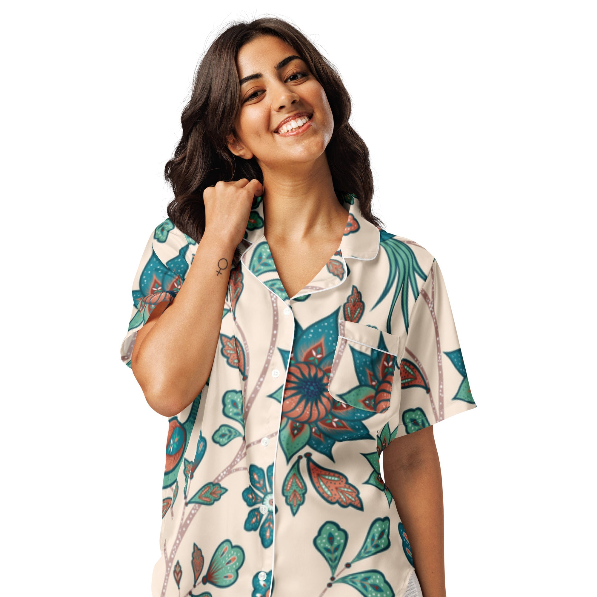 All - over print women’s short sleeve pajama top - Divine Janisal Design