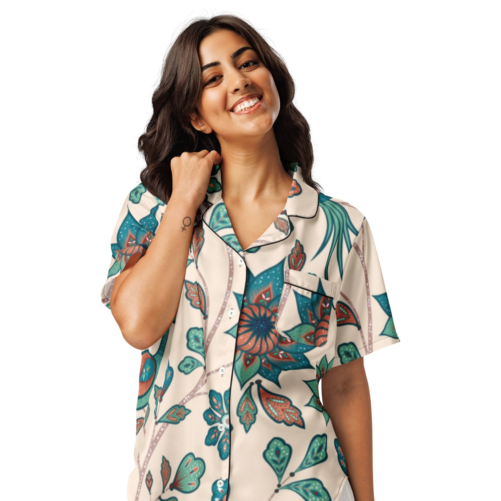 All - over print women’s short sleeve pajama top - Divine Janisal Design