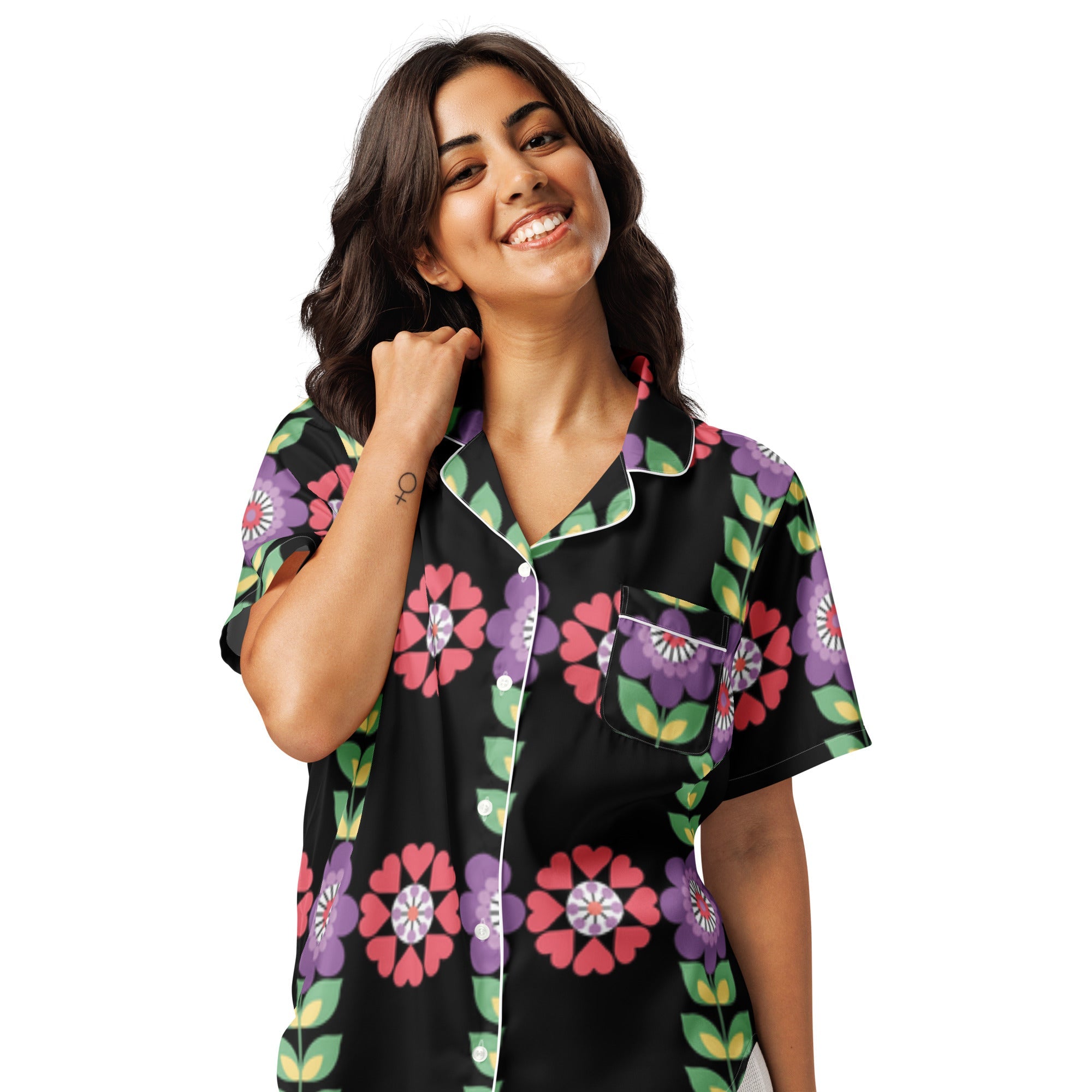 All - over print women’s short sleeve pajama top - Divine Janisal Design