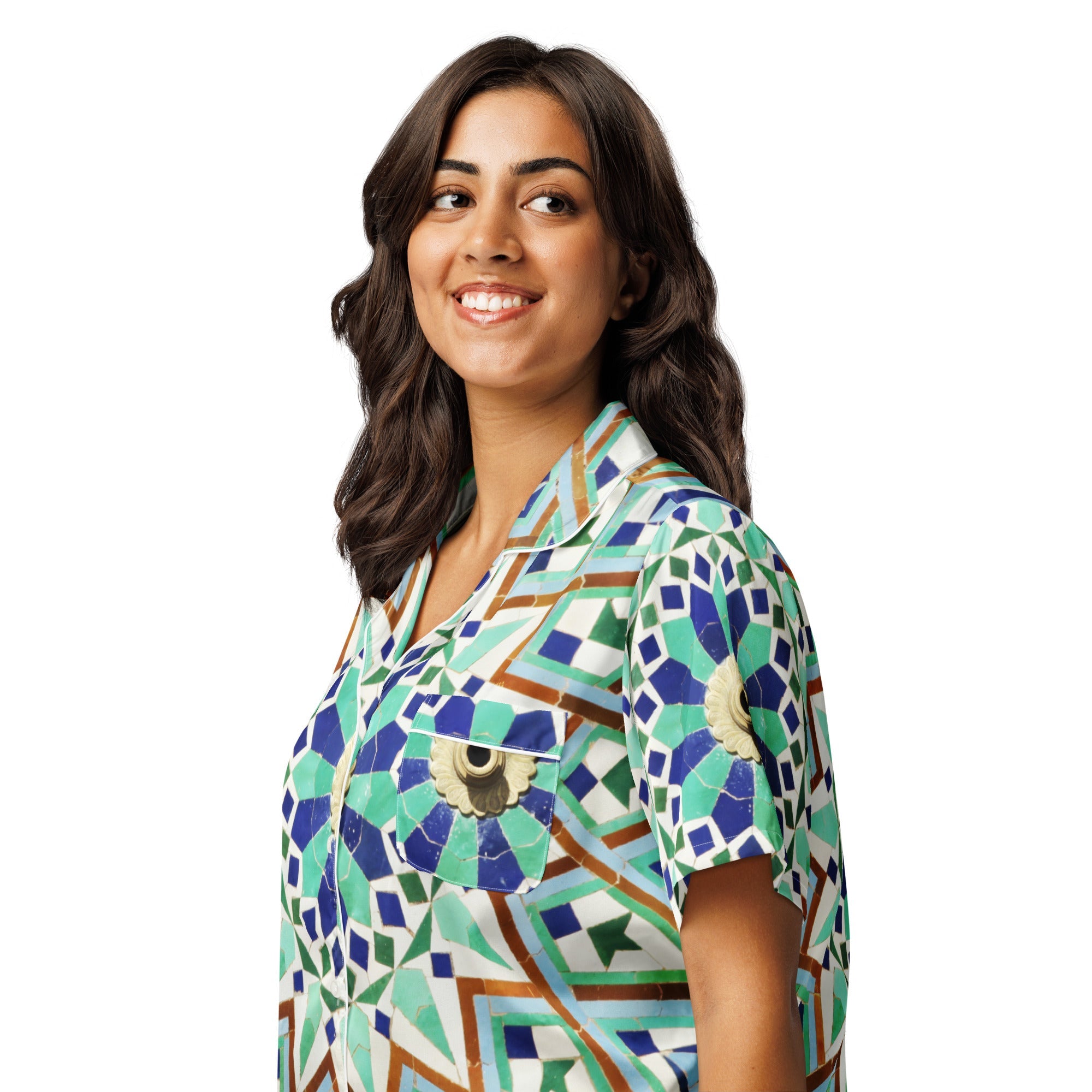 All - over print women’s short sleeve pajama top - Divine Janisal Design