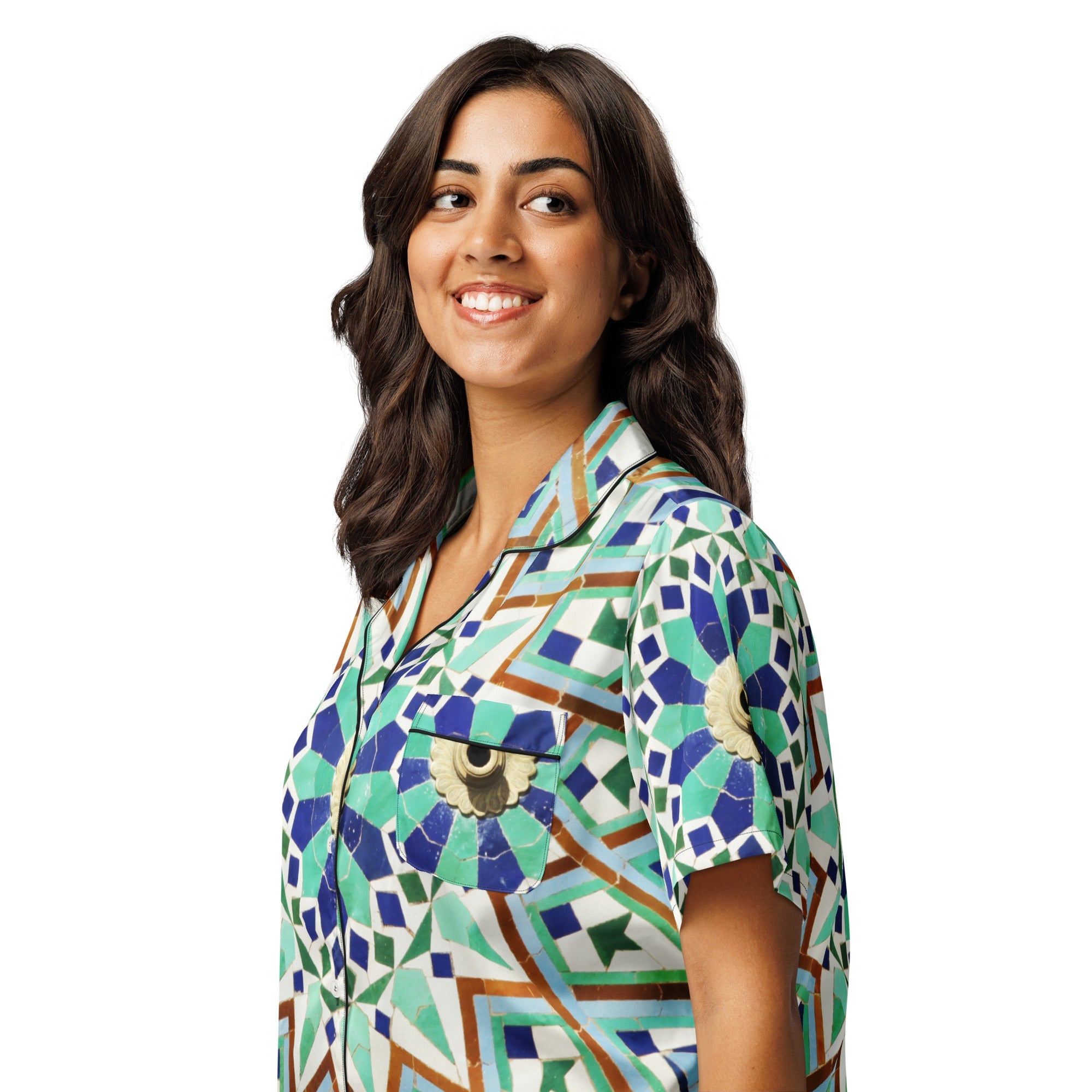 All - over print women’s short sleeve pajama top - Divine Janisal Design