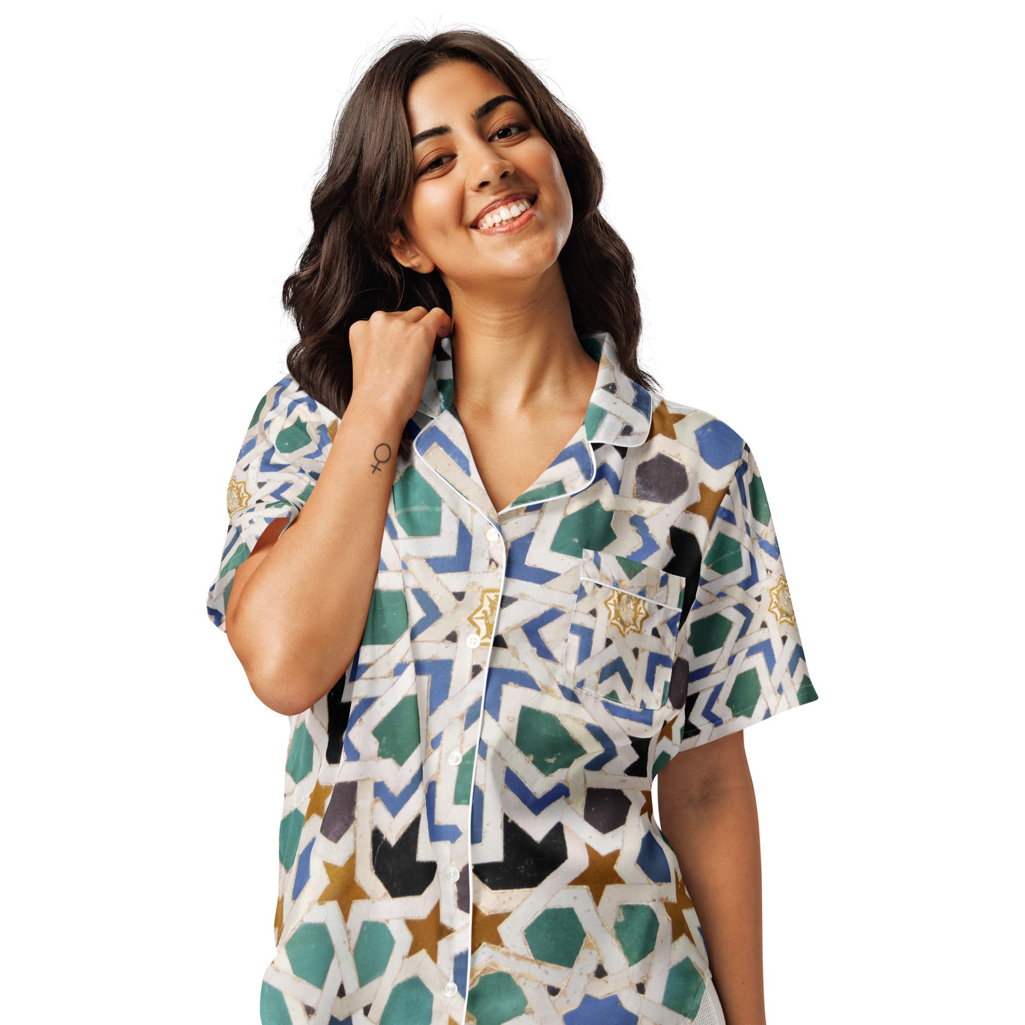 All - over print women’s short sleeve pajama top - Divine Janisal Design