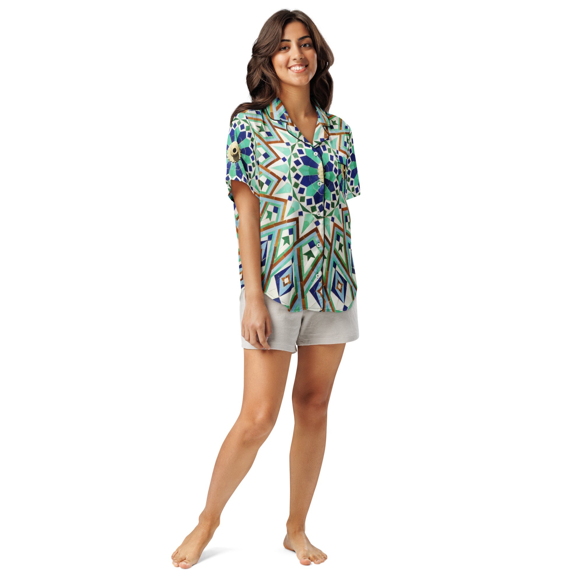 All - over print women’s short sleeve pajama top - Divine Janisal Design