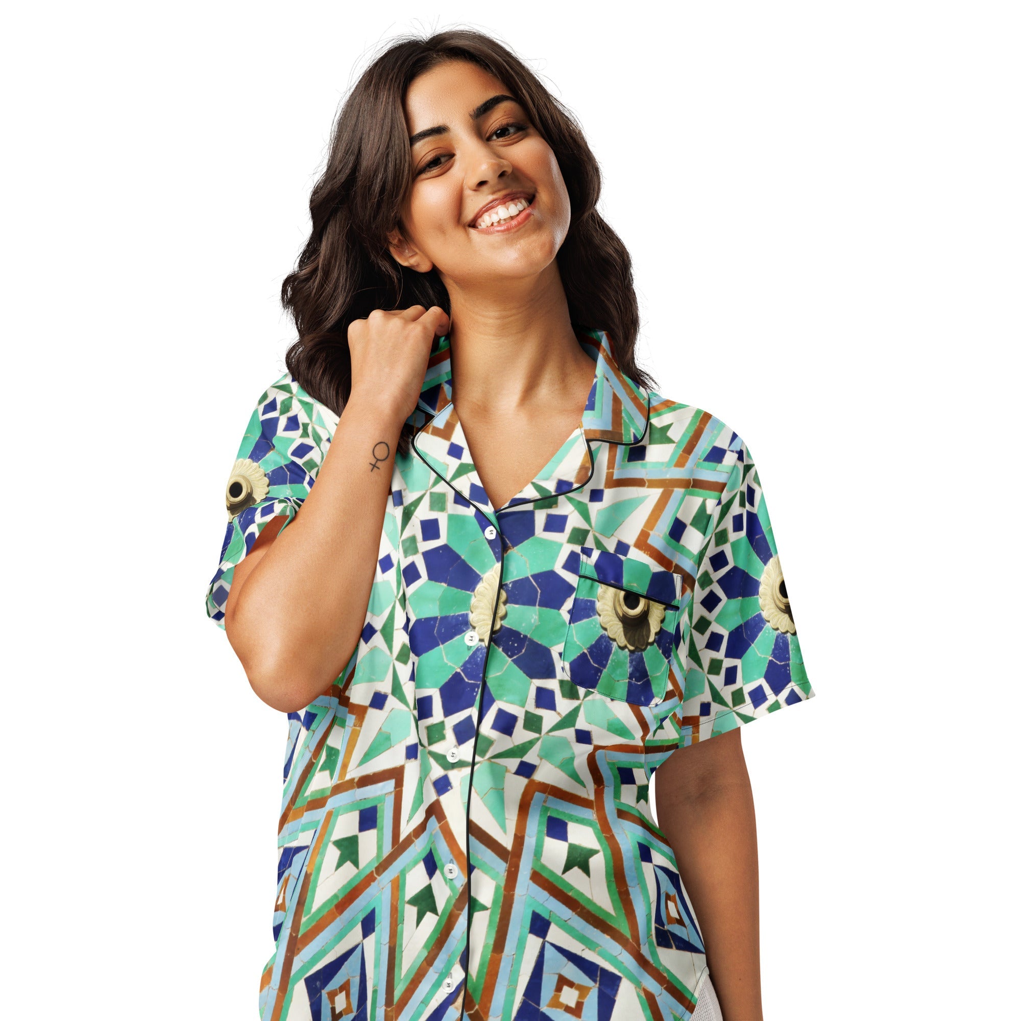 All - over print women’s short sleeve pajama top - Divine Janisal Design