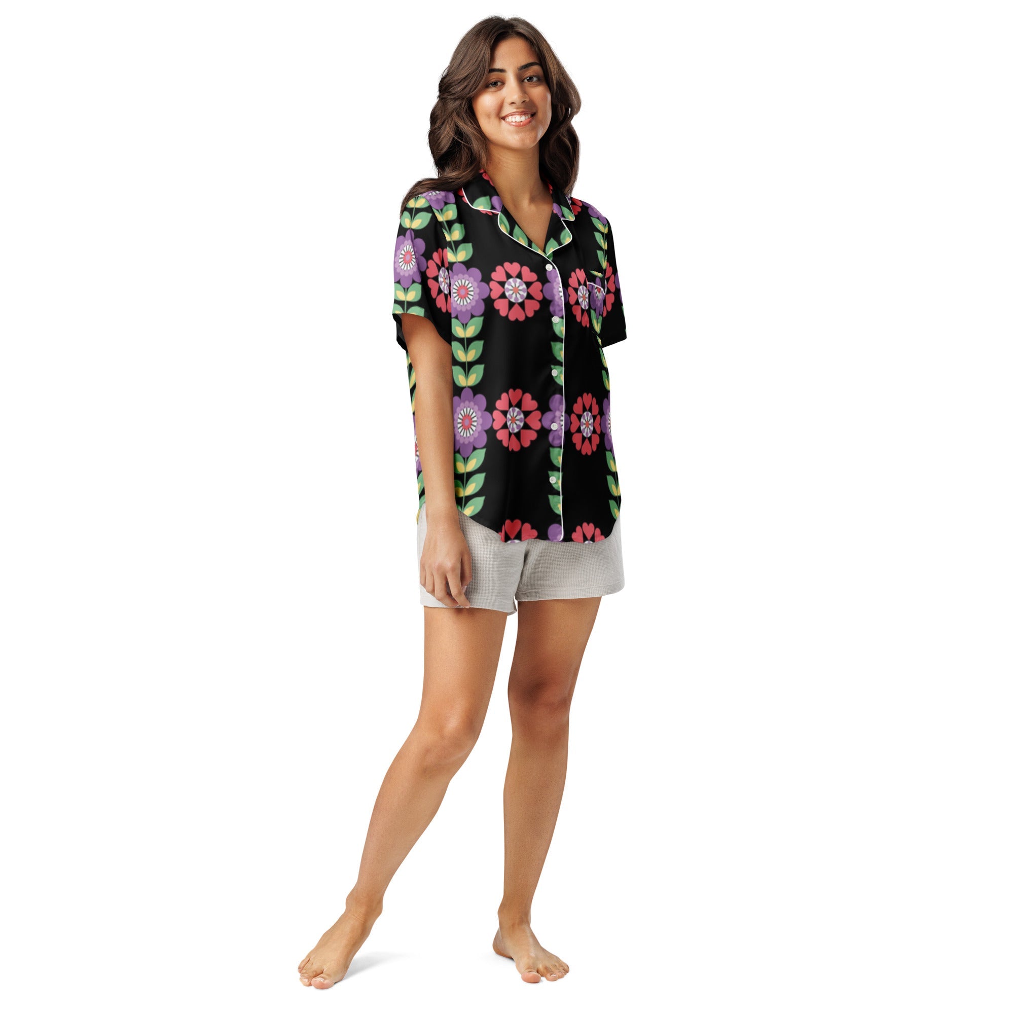 All - over print women’s short sleeve pajama top - Divine Janisal Design