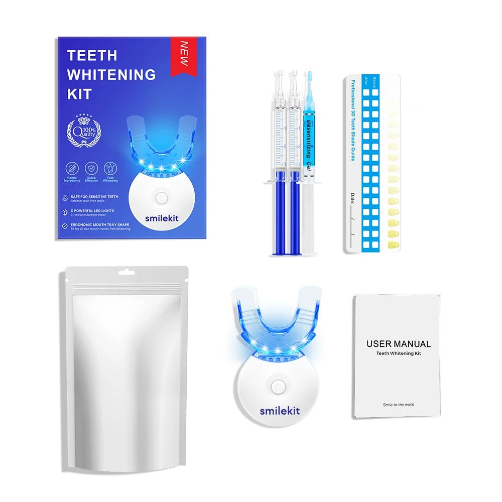 Teeth Whitening Kit - 5X LED Light Tooth Whitener with 35% Carbamide Peroxide, Mouth Trays, 3 Remineralizing Gel and Tray Case - Divinique