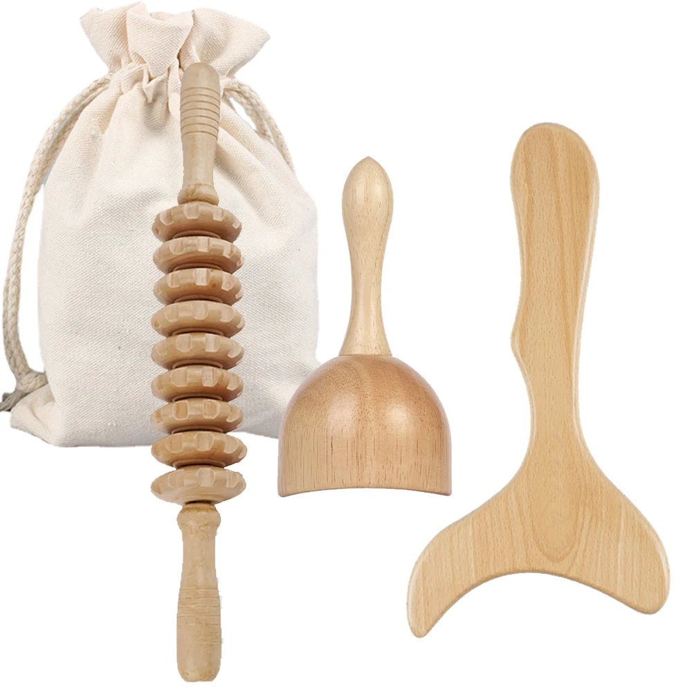 Wooden Massage Roller Tool Set, Lymphatic Drainage Massager Maderoterapia Kit, Manual Massage Tool for Body Massage Gua Sha Set - Divinique